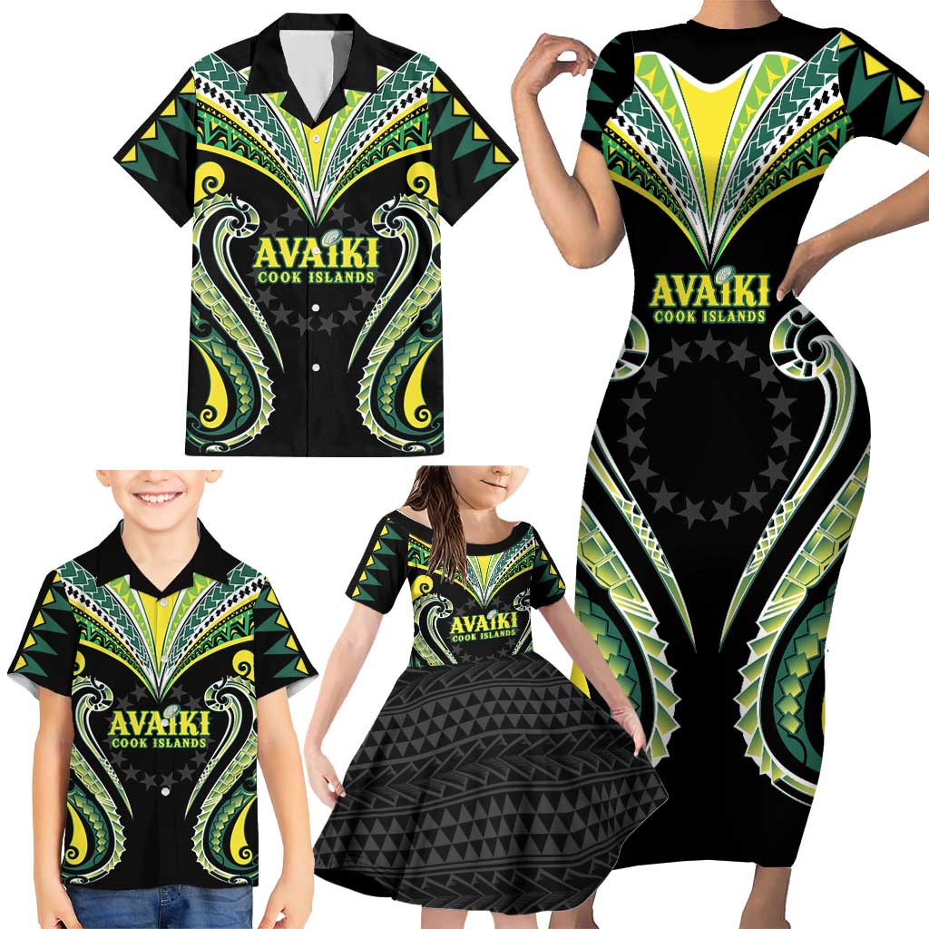 Custom Rugby Cook Islands Avaiki Family Matching Short Sleeve Bodycon Dress and Hawaiian Shirt Black Kuki Airani Tribal Maori Inspired LT9 - Polynesian Pride