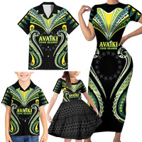 Custom Rugby Cook Islands Avaiki Family Matching Short Sleeve Bodycon Dress and Hawaiian Shirt Black Kuki Airani Tribal Maori Inspired LT9 - Polynesian Pride
