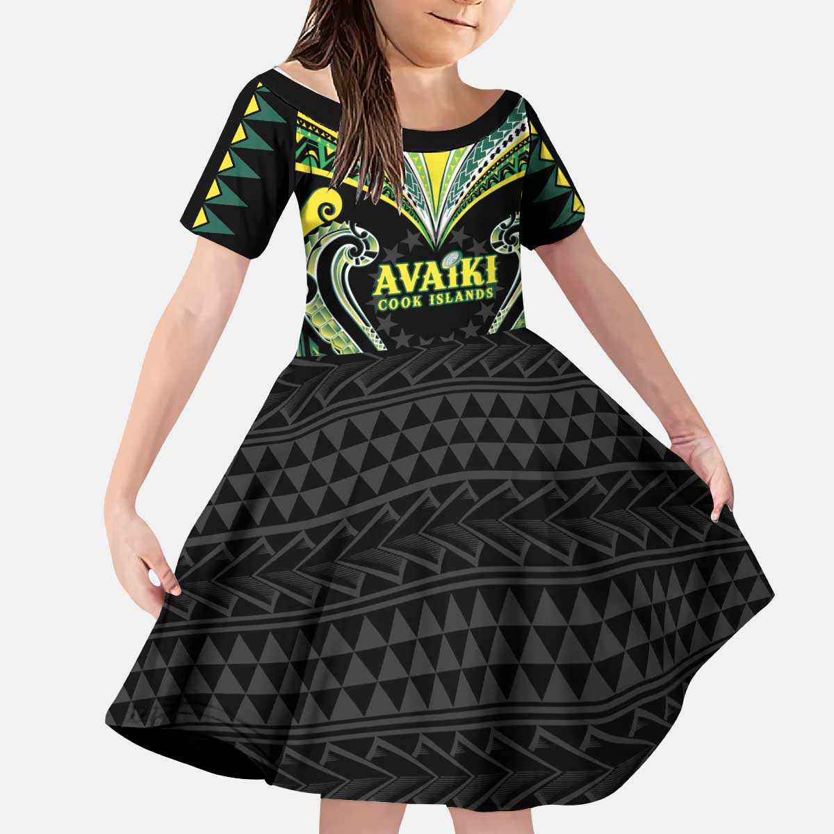 Custom Rugby Cook Islands Avaiki Kid Short Sleeve Dress Black Kuki Airani Tribal Maori Inspired LT9 KID Black - Polynesian Pride