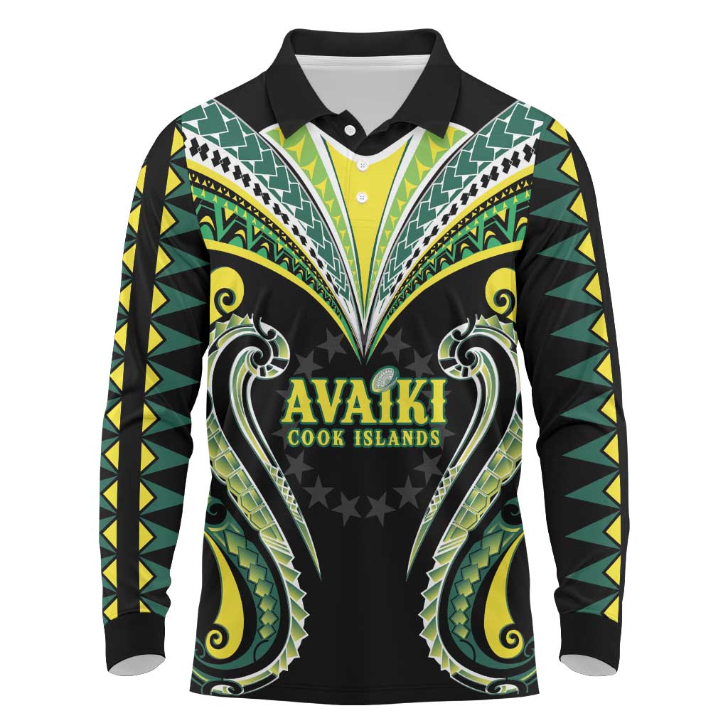Custom Rugby Cook Islands Avaiki Long Sleeve Polo Shirt Black Kuki Airani Tribal Maori Inspired LT9 Black - Polynesian Pride