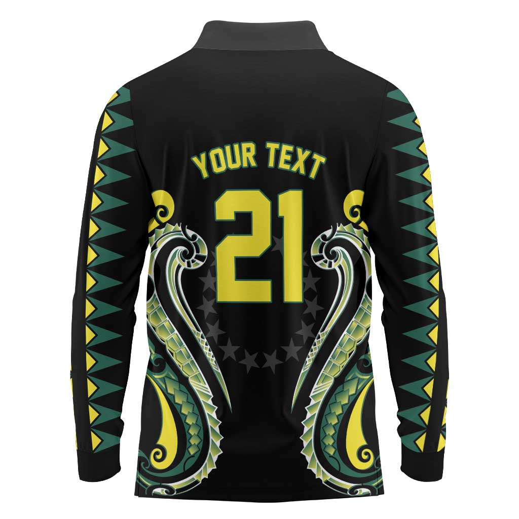 Custom Rugby Cook Islands Avaiki Long Sleeve Polo Shirt Black Kuki Airani Tribal Maori Inspired LT9 - Polynesian Pride
