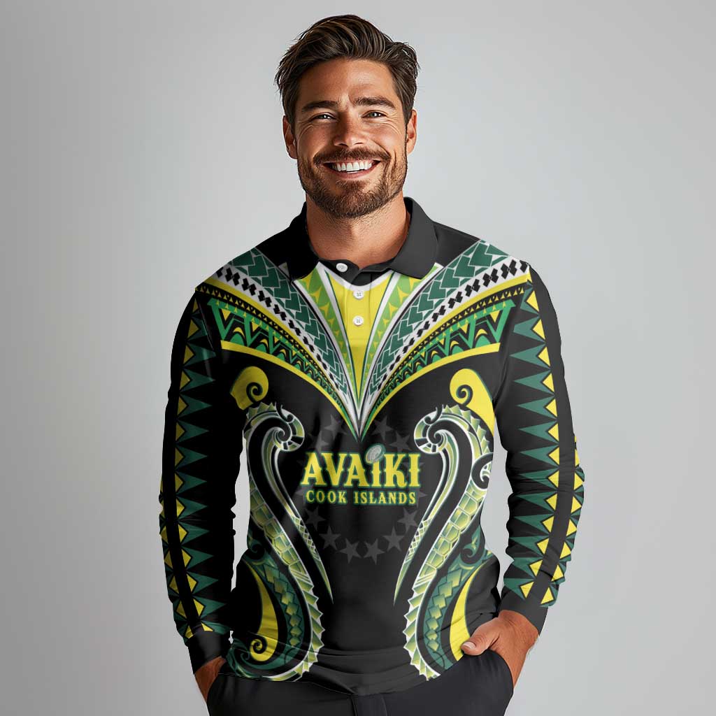 Custom Rugby Cook Islands Avaiki Long Sleeve Polo Shirt Black Kuki Airani Tribal Maori Inspired LT9 - Polynesian Pride