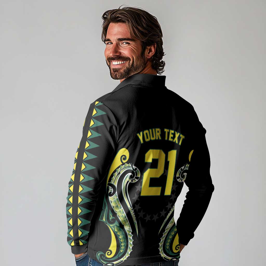 Custom Rugby Cook Islands Avaiki Long Sleeve Polo Shirt Black Kuki Airani Tribal Maori Inspired LT9 - Polynesian Pride