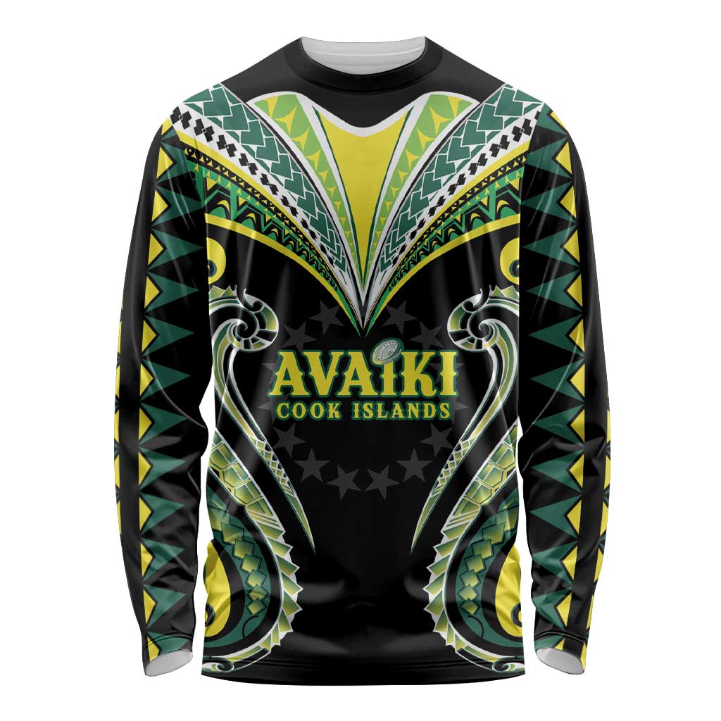 Custom Rugby Cook Islands Avaiki Long Sleeve Shirt Black Kuki Airani Tribal Maori Inspired LT9 Unisex Black - Polynesian Pride