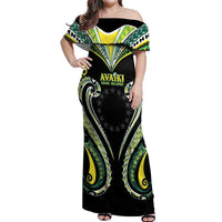 Custom Rugby Cook Islands Avaiki Off Shoulder Maxi Dress Black Kuki Airani Tribal Maori Inspired LT9 Women Black - Polynesian Pride