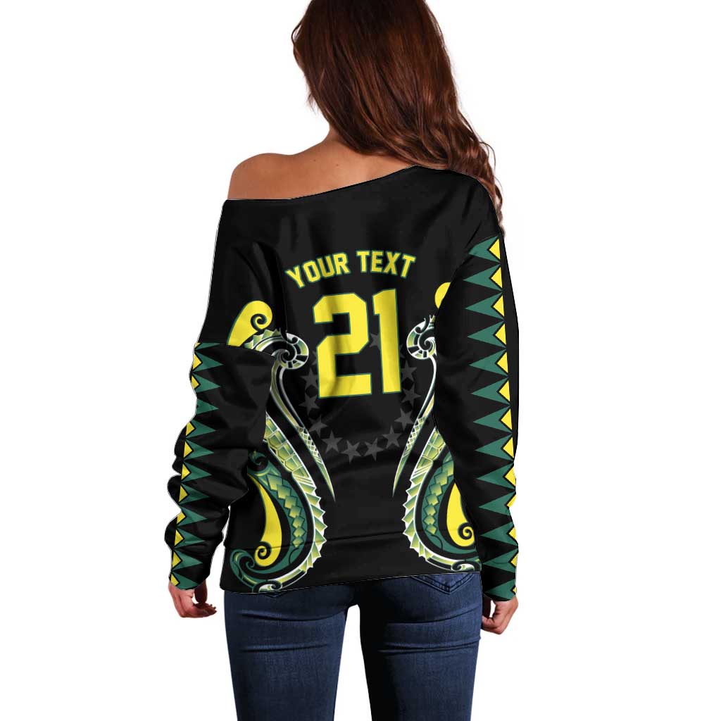 Custom Rugby Cook Islands Avaiki Off Shoulder Sweater Black Kuki Airani Tribal Maori Inspired - Polynesian Pride