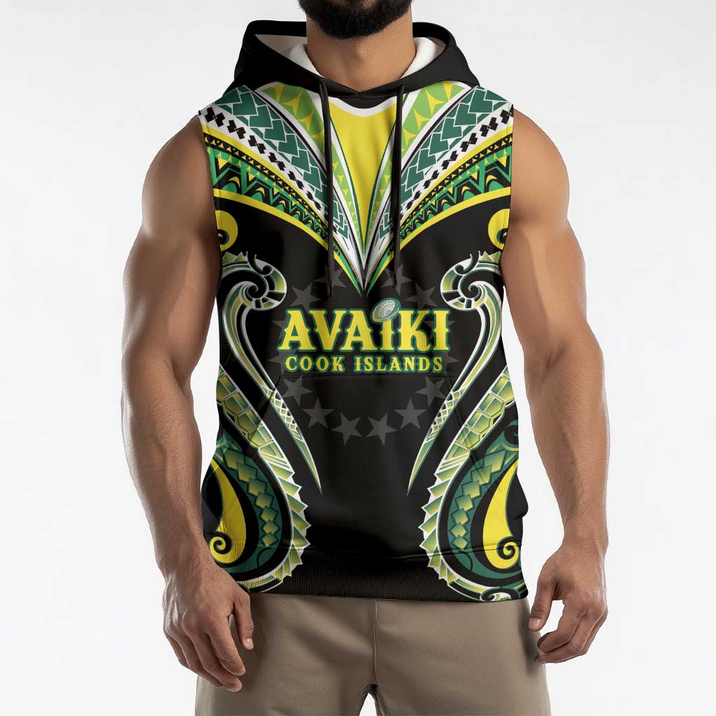 Custom Rugby Cook Islands Avaiki Sleeveless Hoodie - Kuki Airani Tribal Black LT9 - Polynesian Pride