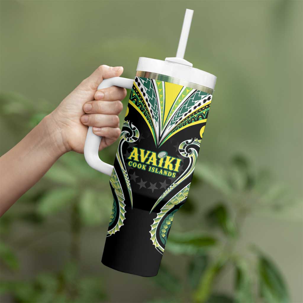 Custom Rugby Cook Islands Avaiki Tumbler With Handle Black Kuki Airani Tribal Maori Inspired LT9 - Polynesian Pride