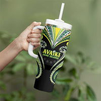 Custom Rugby Cook Islands Avaiki Tumbler With Handle Black Kuki Airani Tribal Maori Inspired LT9 - Polynesian Pride
