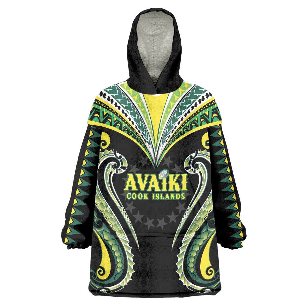 Custom Rugby Cook Islands Avaiki Wearable Blanket Hoodie Black Kuki Airani Tribal Maori Inspired LT9 One Size Black - Polynesian Pride