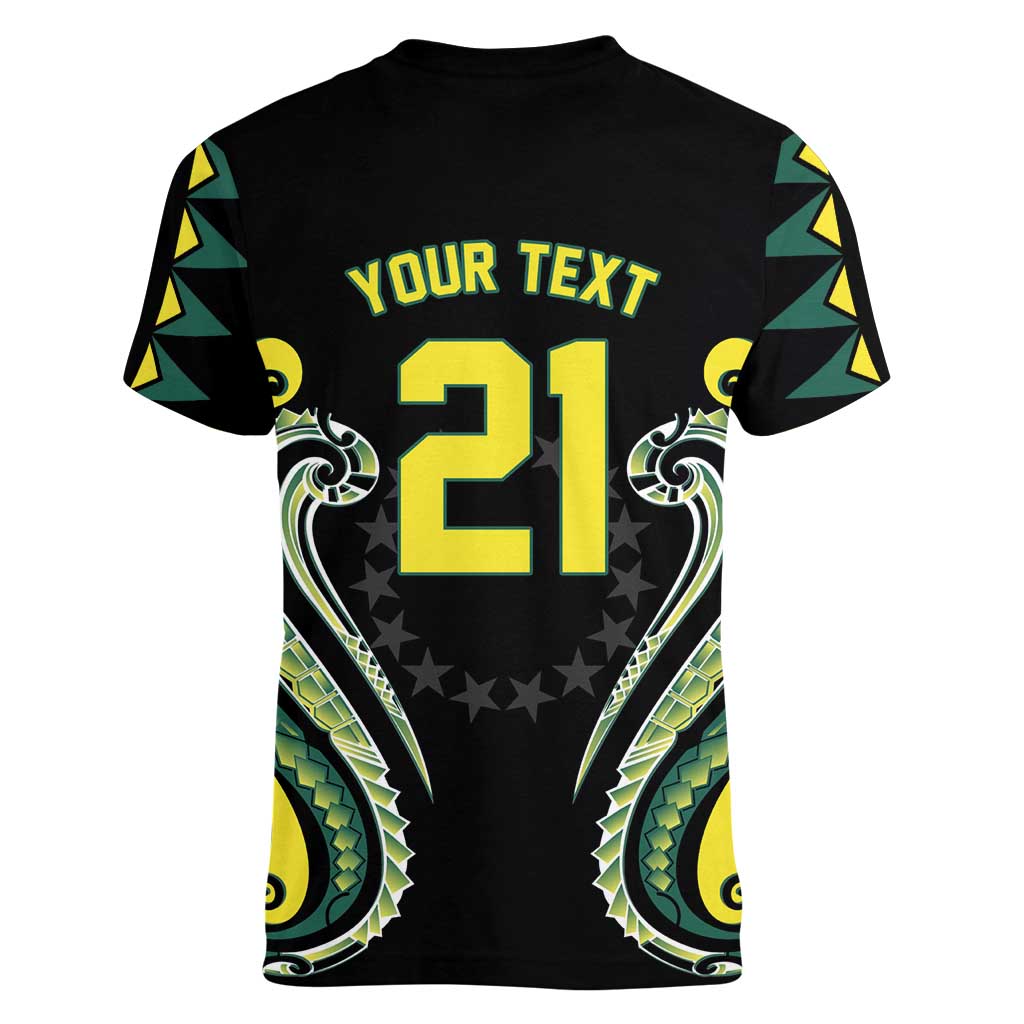 Custom Rugby Cook Islands Avaiki Women V-Neck T-Shirt Black Kuki Airani Tribal Maori Inspired LT9 - Polynesian Pride
