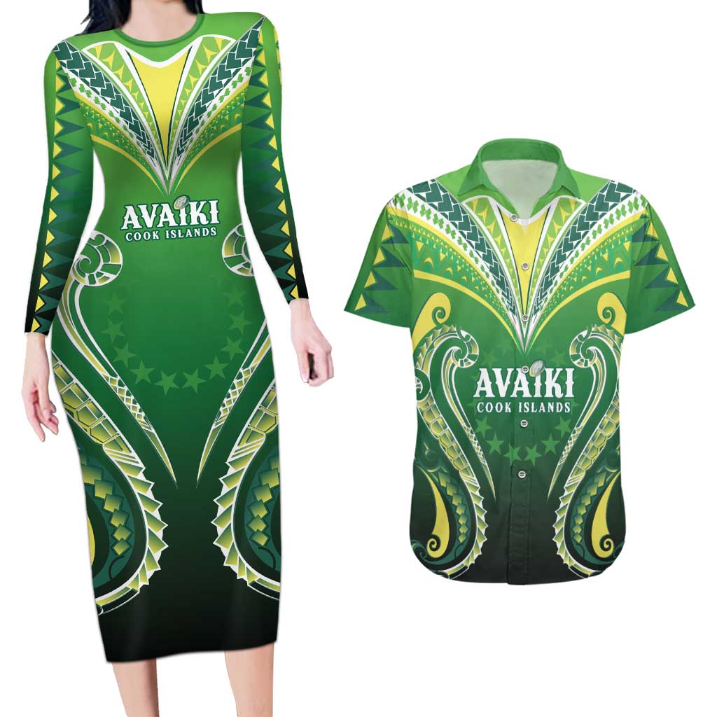 Custom Rugby Cook Islands Avaiki Couples Matching Long Sleeve Bodycon Dress and Hawaiian Shirt Green Kuki Airani Tribal Maori Inspired LT9 Green - Polynesian Pride