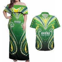 Custom Rugby Cook Islands Avaiki Couples Matching Off Shoulder Maxi Dress and Hawaiian Shirt Green Kuki Airani Tribal Maori Inspired LT9 Green - Polynesian Pride