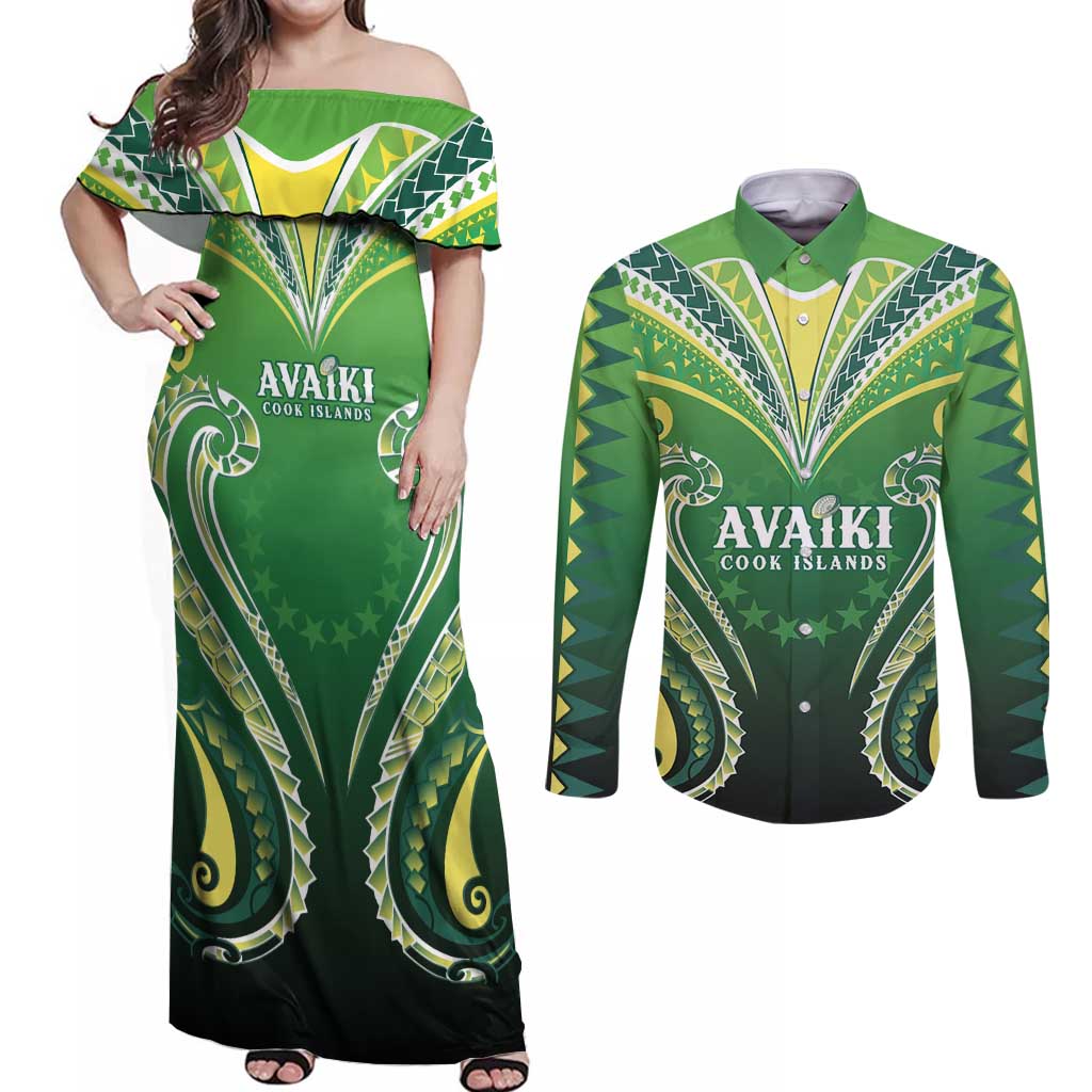 Custom Rugby Cook Islands Avaiki Couples Matching Off Shoulder Maxi Dress and Long Sleeve Button Shirt Green Kuki Airani Tribal Maori Inspired LT9 Green - Polynesian Pride