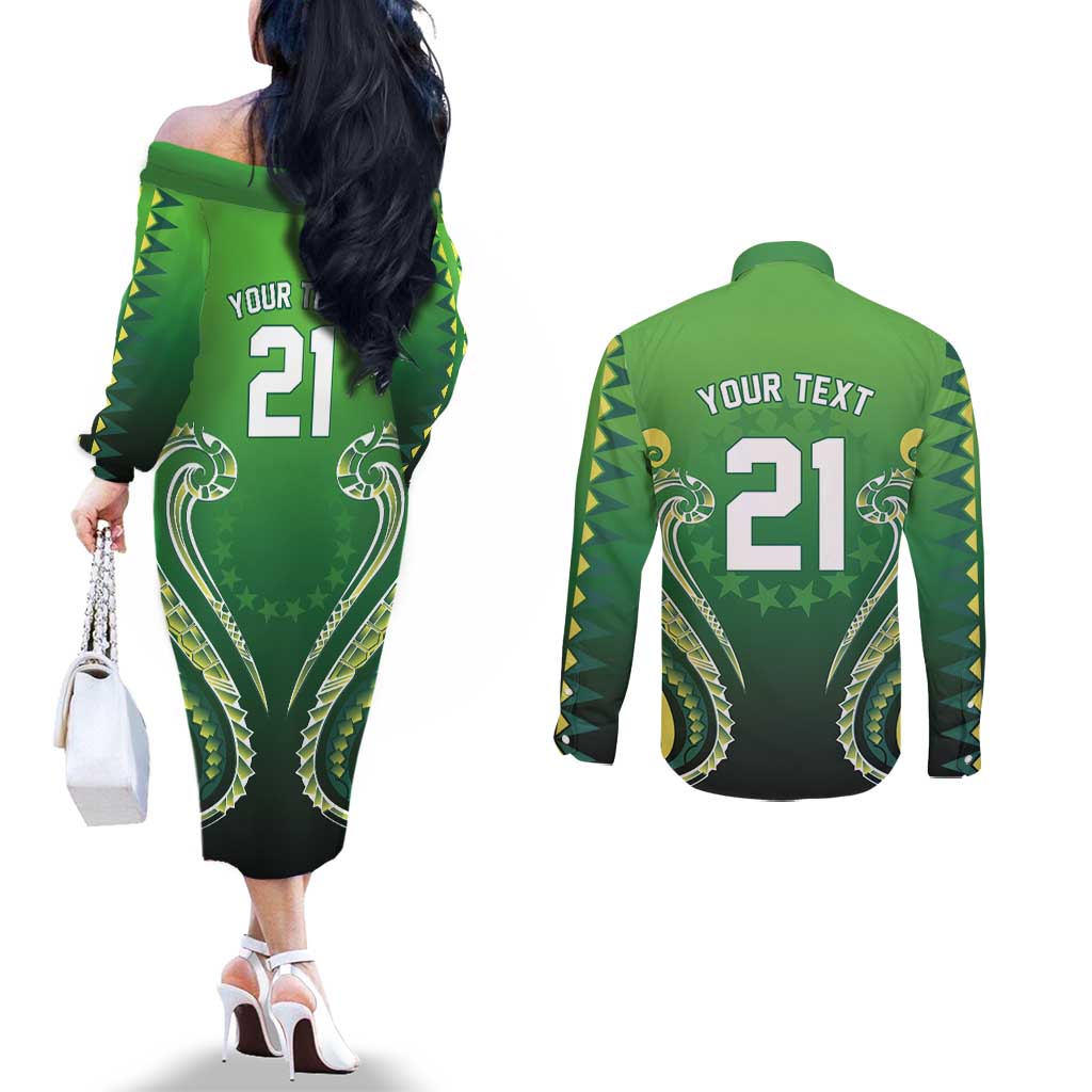 Custom Rugby Cook Islands Avaiki Couples Matching Off The Shoulder Long Sleeve Dress and Long Sleeve Button Shirt Green Kuki Airani Tribal Maori Inspired LT9 - Polynesian Pride