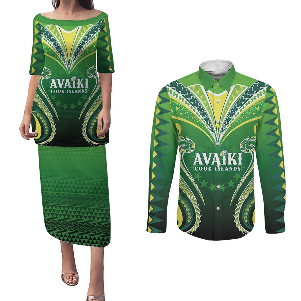 Custom Rugby Cook Islands Avaiki Couples Matching Puletasi and Long Sleeve Button Shirt Green Kuki Airani Tribal Maori Inspired LT9 Green - Polynesian Pride