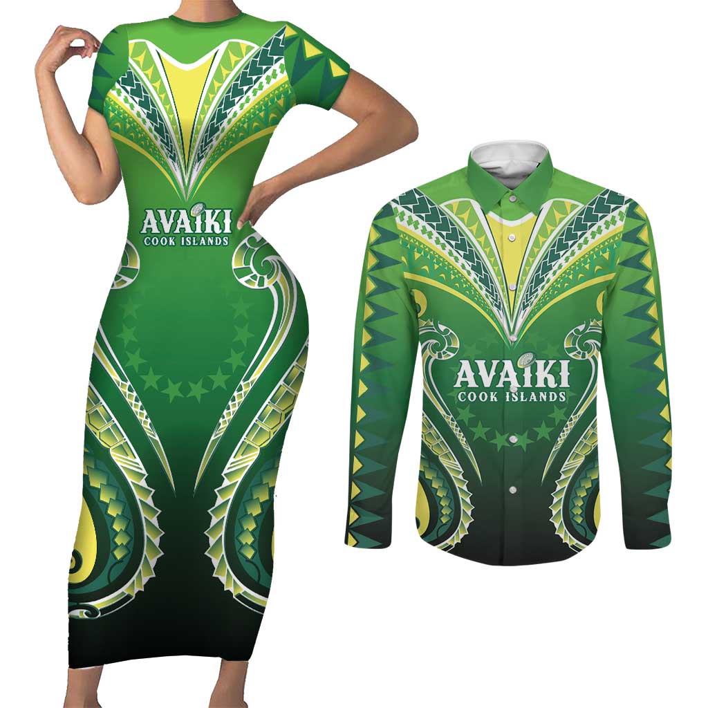 Custom Rugby Cook Islands Avaiki Couples Matching Short Sleeve Bodycon Dress and Long Sleeve Button Shirt Green Kuki Airani Tribal Maori Inspired - Polynesian Pride