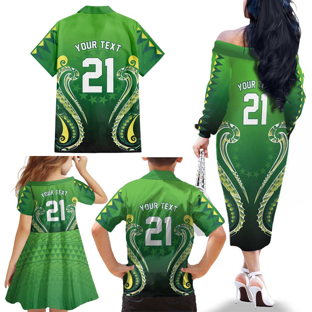 Custom Rugby Cook Islands Avaiki Family Matching Off The Shoulder Long Sleeve Dress and Hawaiian Shirt Green Kuki Airani Tribal Maori Inspired LT9 - Polynesian Pride
