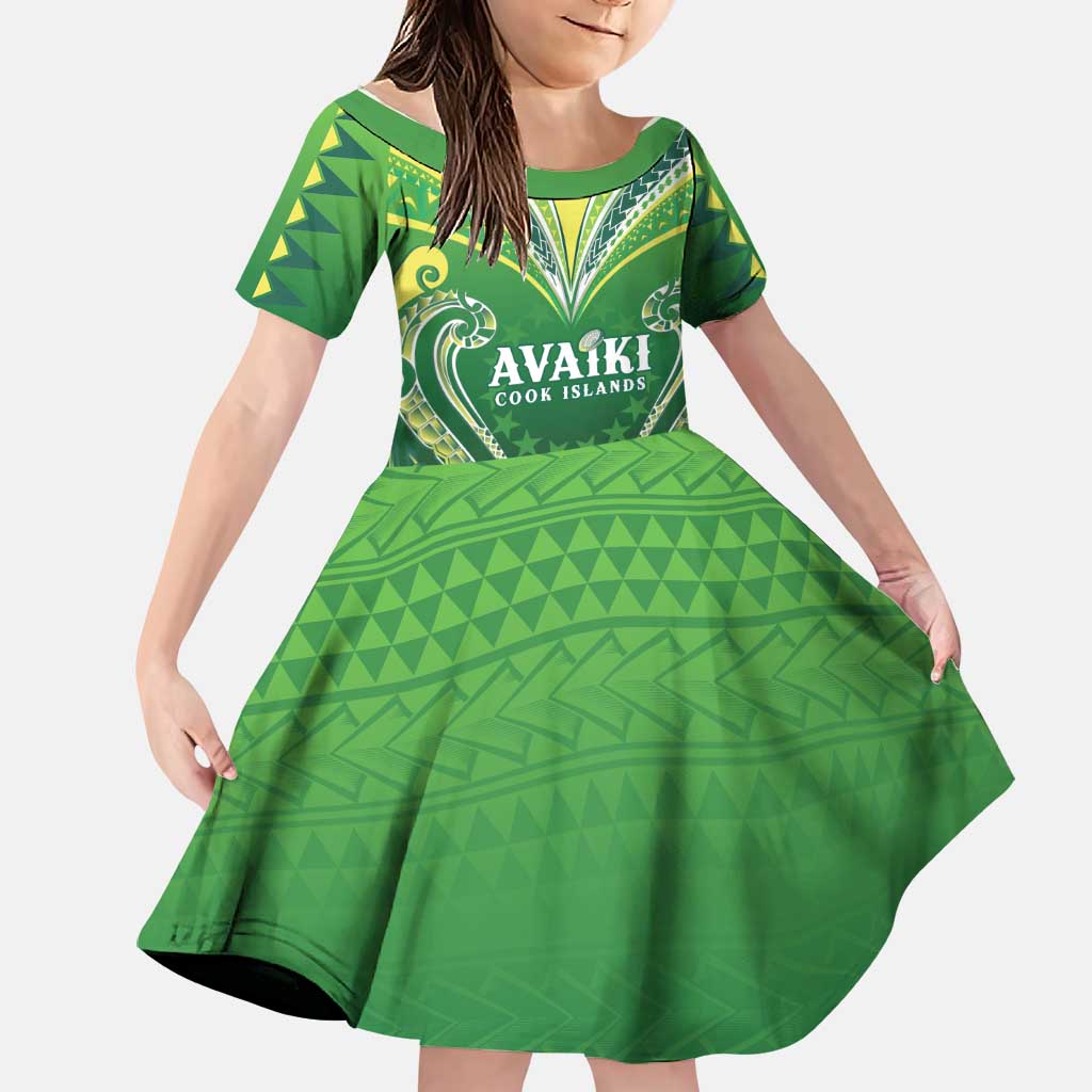 Custom Rugby Cook Islands Avaiki Family Matching Off Shoulder Maxi Dress and Hawaiian Shirt Green Kuki Airani Tribal Maori Inspired LT9 Daughter's Dress Green - Polynesian Pride