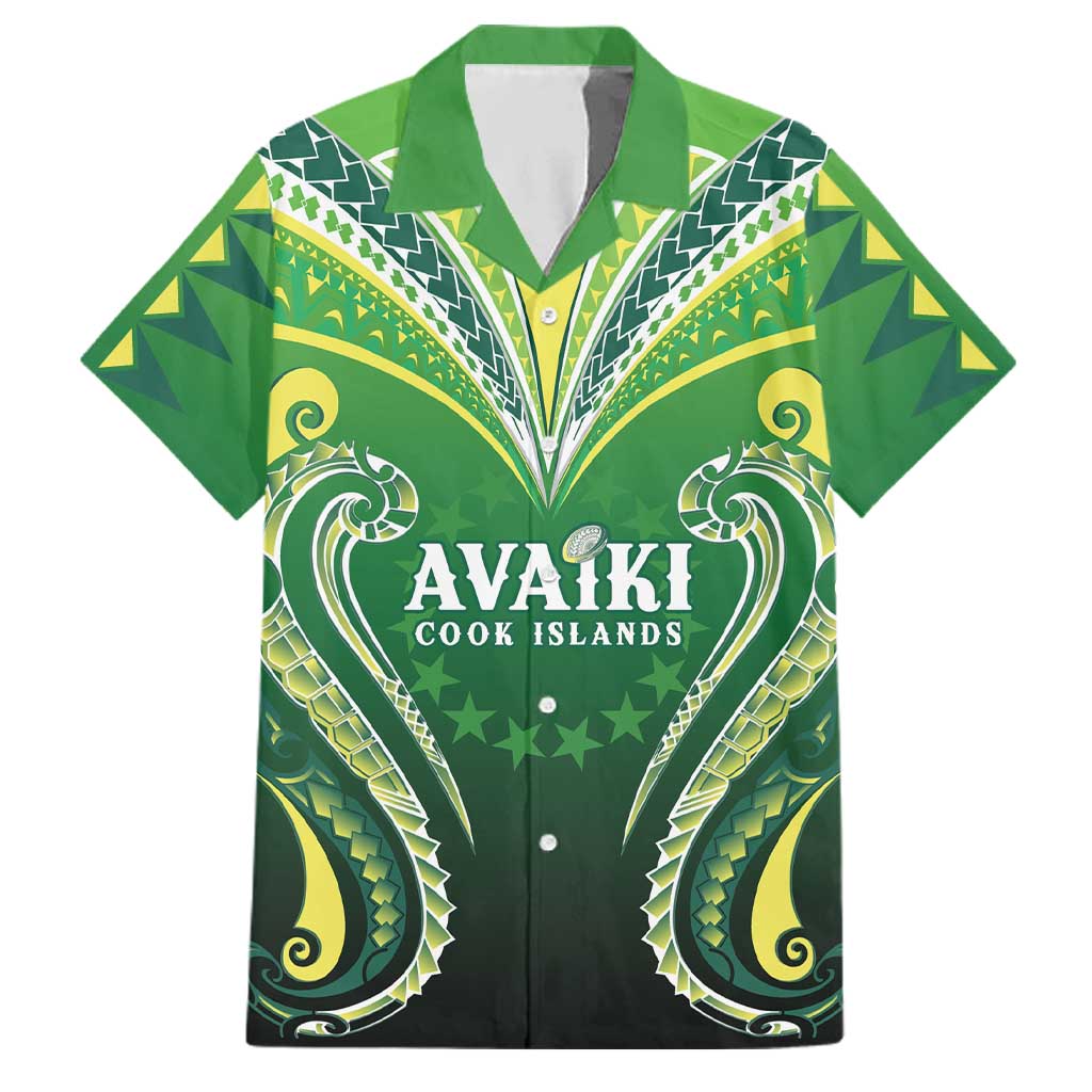 Custom Rugby Cook Islands Avaiki Family Matching Off Shoulder Maxi Dress and Hawaiian Shirt Green Kuki Airani Tribal Maori Inspired LT9 Dad's Shirt - Short Sleeve Green - Polynesian Pride