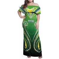 Custom Rugby Cook Islands Avaiki Family Matching Off Shoulder Maxi Dress and Hawaiian Shirt Green Kuki Airani Tribal Maori Inspired LT9 Mom's Dress Green - Polynesian Pride