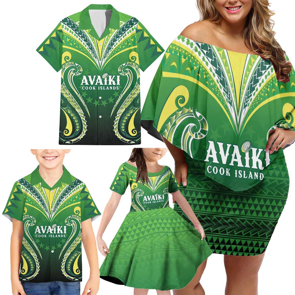 Custom Rugby Cook Islands Avaiki Family Matching Off Shoulder Short Dress and Hawaiian Shirt Green Kuki Airani Tribal Maori Inspired LT9 - Polynesian Pride