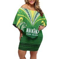 Custom Rugby Cook Islands Avaiki Family Matching Off Shoulder Short Dress and Hawaiian Shirt Green Kuki Airani Tribal Maori Inspired LT9 Mom's Dress Green - Polynesian Pride