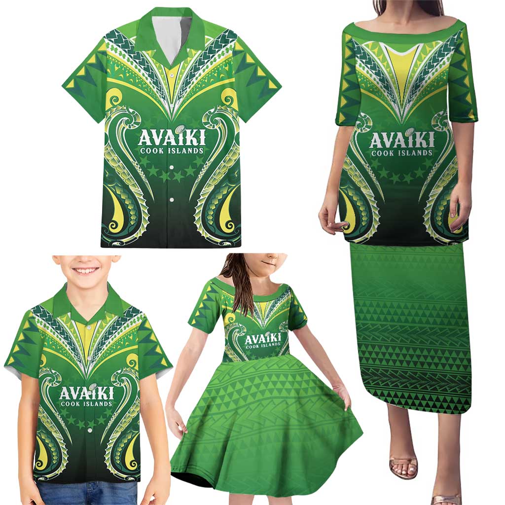 Custom Rugby Cook Islands Avaiki Family Matching Puletasi and Hawaiian Shirt Green Kuki Airani Tribal Maori Inspired LT9 - Polynesian Pride