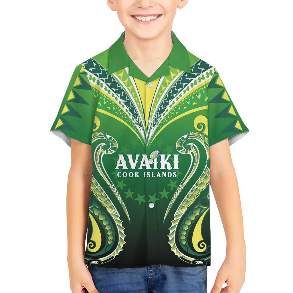Custom Rugby Cook Islands Avaiki Family Matching Puletasi and Hawaiian Shirt Green Kuki Airani Tribal Maori Inspired LT9 Son's Shirt Green - Polynesian Pride