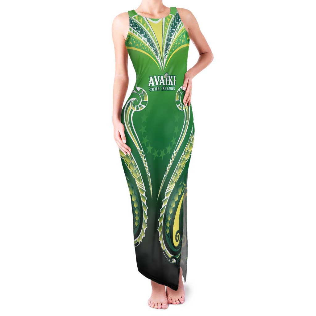 Custom Rugby Cook Islands Avaiki Family Matching Tank Maxi Dress and Hawaiian Shirt Green Kuki Airani Tribal Maori Inspired LT9 Mom's Dress Green - Polynesian Pride