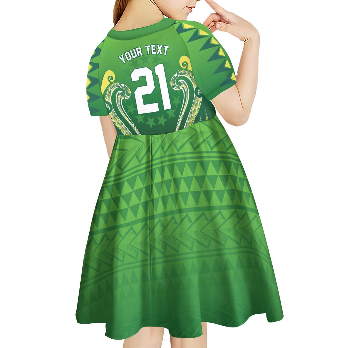 Custom Rugby Cook Islands Avaiki Kid Short Sleeve Dress Green Kuki Airani Tribal Maori Inspired LT9 - Polynesian Pride
