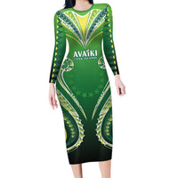 Custom Rugby Cook Islands Avaiki Long Sleeve Bodycon Dress Green Kuki Airani Tribal Maori Inspired LT9 Long Dress Green - Polynesian Pride