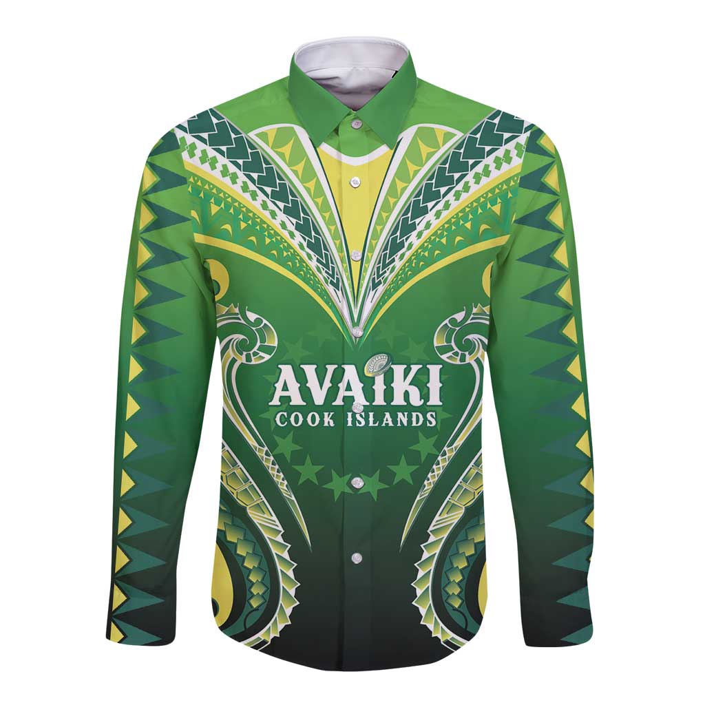 Custom Rugby Cook Islands Avaiki Long Sleeve Button Shirt Green Kuki Airani Tribal Maori Inspired LT9 Unisex Green - Polynesian Pride