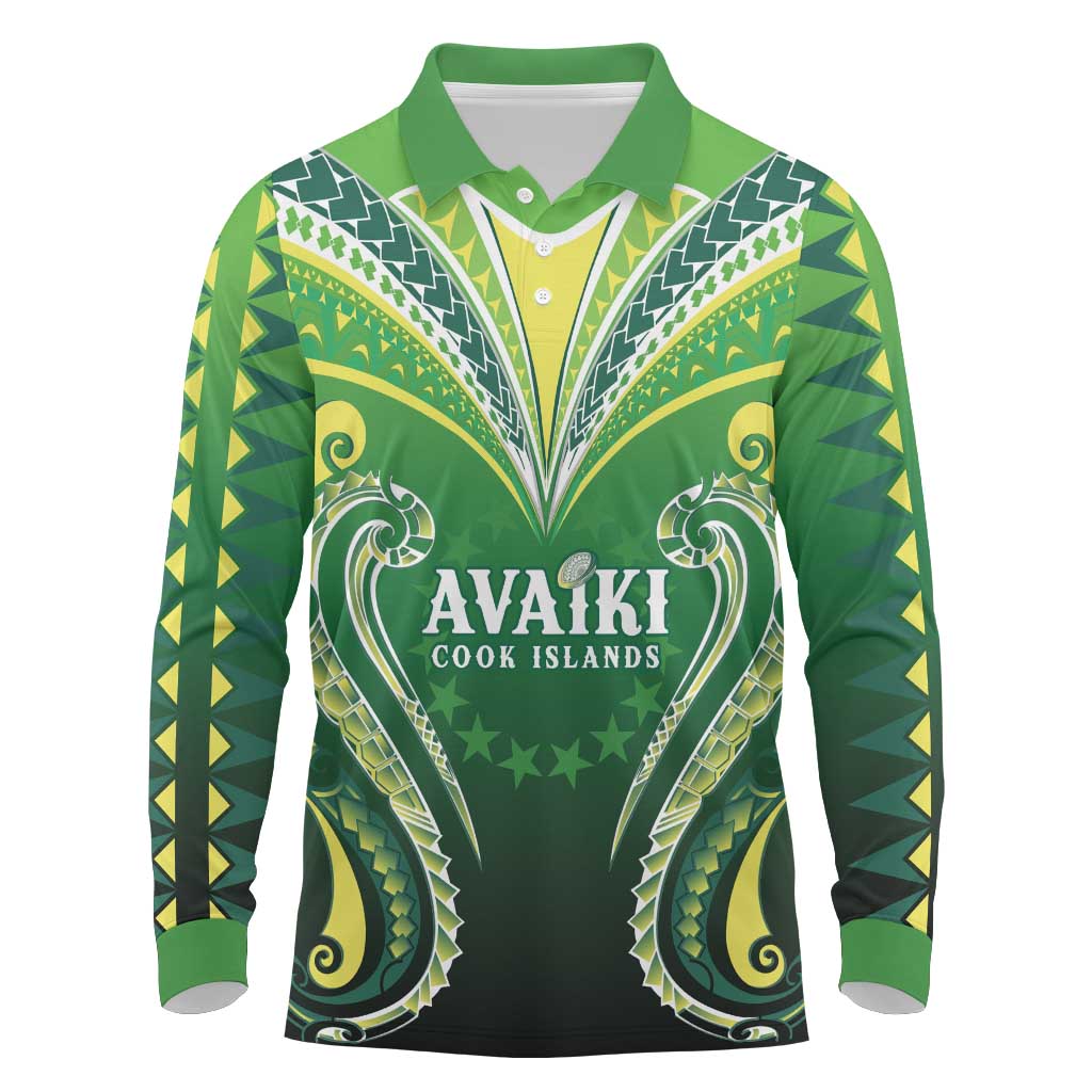 Custom Rugby Cook Islands Avaiki Long Sleeve Polo Shirt Green Kuki Airani Tribal Maori Inspired LT9 Green - Polynesian Pride