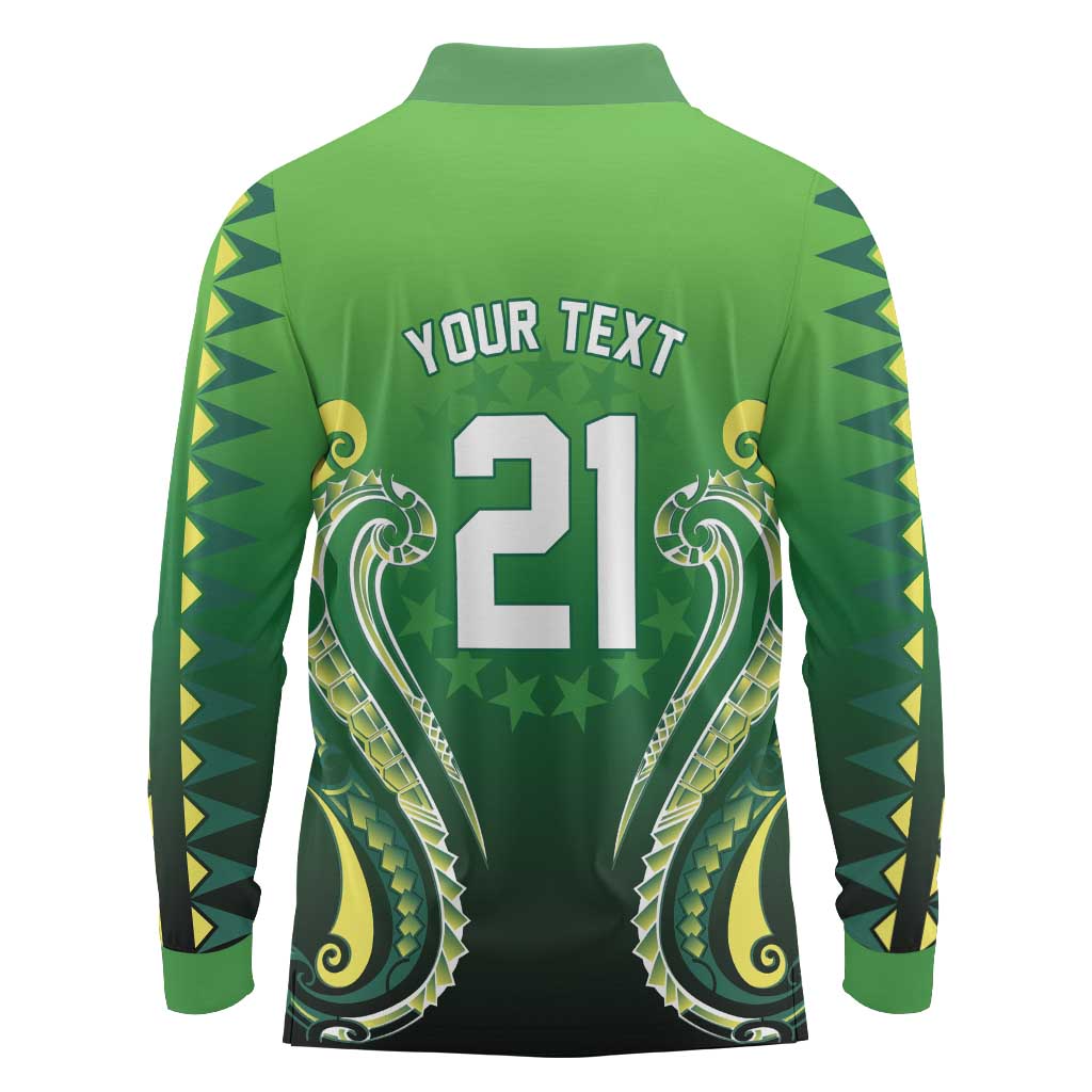 Custom Rugby Cook Islands Avaiki Long Sleeve Polo Shirt Green Kuki Airani Tribal Maori Inspired LT9 - Polynesian Pride