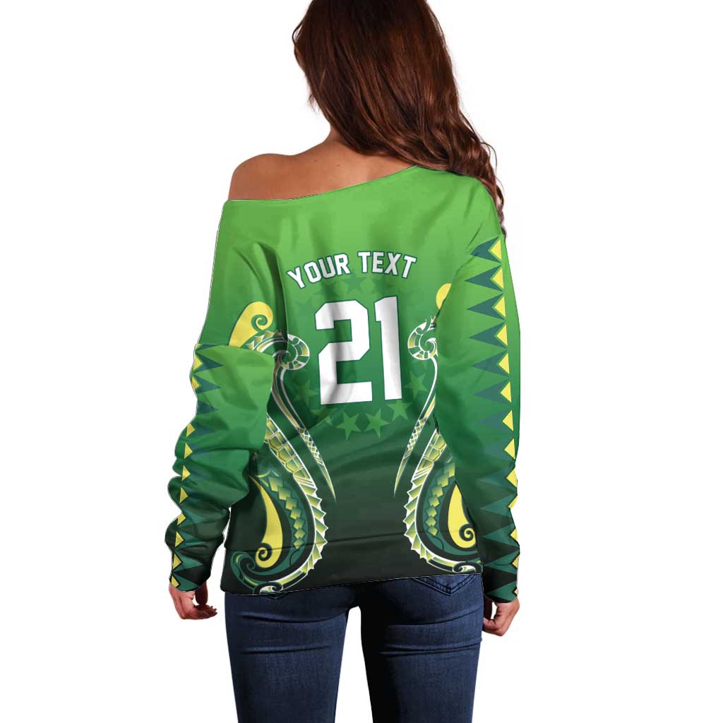 Custom Rugby Cook Islands Avaiki Off Shoulder Sweater Green Kuki Airani Tribal Maori Inspired LT9 - Polynesian Pride