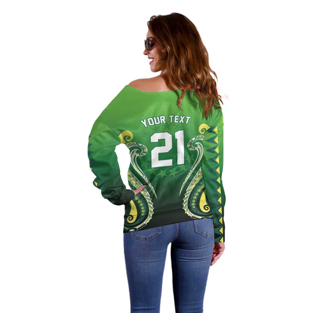 Custom Rugby Cook Islands Avaiki Off Shoulder Sweater Green Kuki Airani Tribal Maori Inspired LT9 - Polynesian Pride