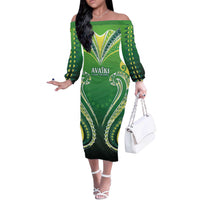 Custom Rugby Cook Islands Avaiki Off The Shoulder Long Sleeve Dress Green Kuki Airani Tribal Maori Inspired LT9 Women Green - Polynesian Pride