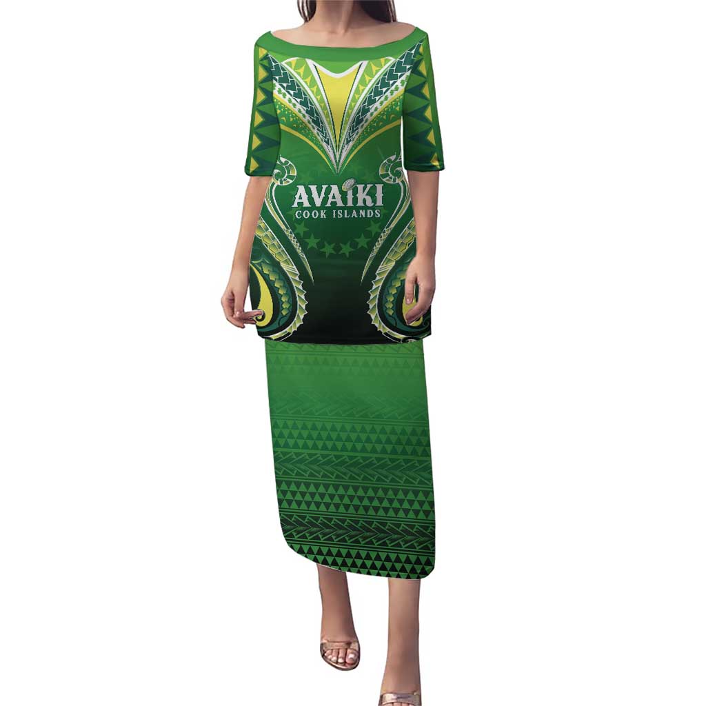 Custom Rugby Cook Islands Avaiki Puletasi Green Kuki Airani Tribal Maori Inspired LT9 Long Dress Green - Polynesian Pride