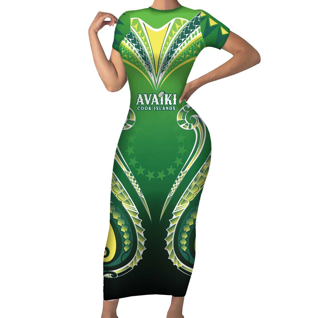 Custom Rugby Cook Islands Avaiki Short Sleeve Bodycon Dress Green Kuki Airani Tribal Maori Inspired LT9 Long Dress Green - Polynesian Pride
