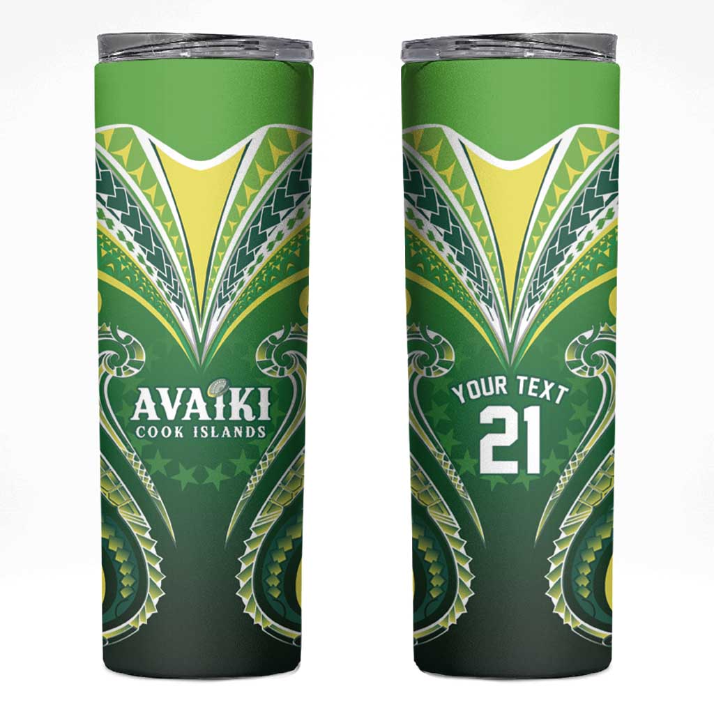 Custom Rugby Cook Islands Avaiki Skinny Tumbler Green Kuki Airani Tribal Maori Inspired LT9 Green - Polynesian Pride