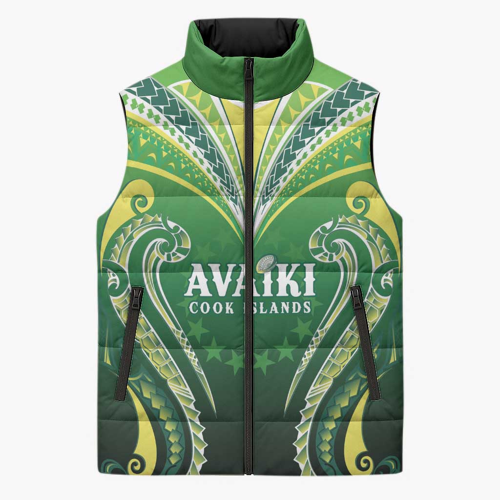Custom Rugby Cook Islands Avaiki Sleeveless Puffer Jacket Green Kuki Airani Tribal Maori Inspired LT9 Unisex Green - Polynesian Pride