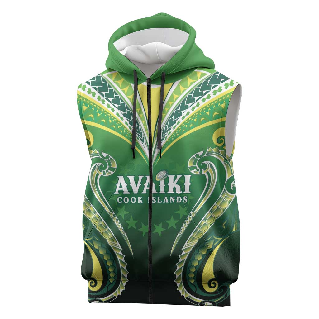 Custom Rugby Cook Islands Avaiki Sleeveless Zip Hoodie Green Kuki Airani Tribal Maori Inspired LT9 Green - Polynesian Pride