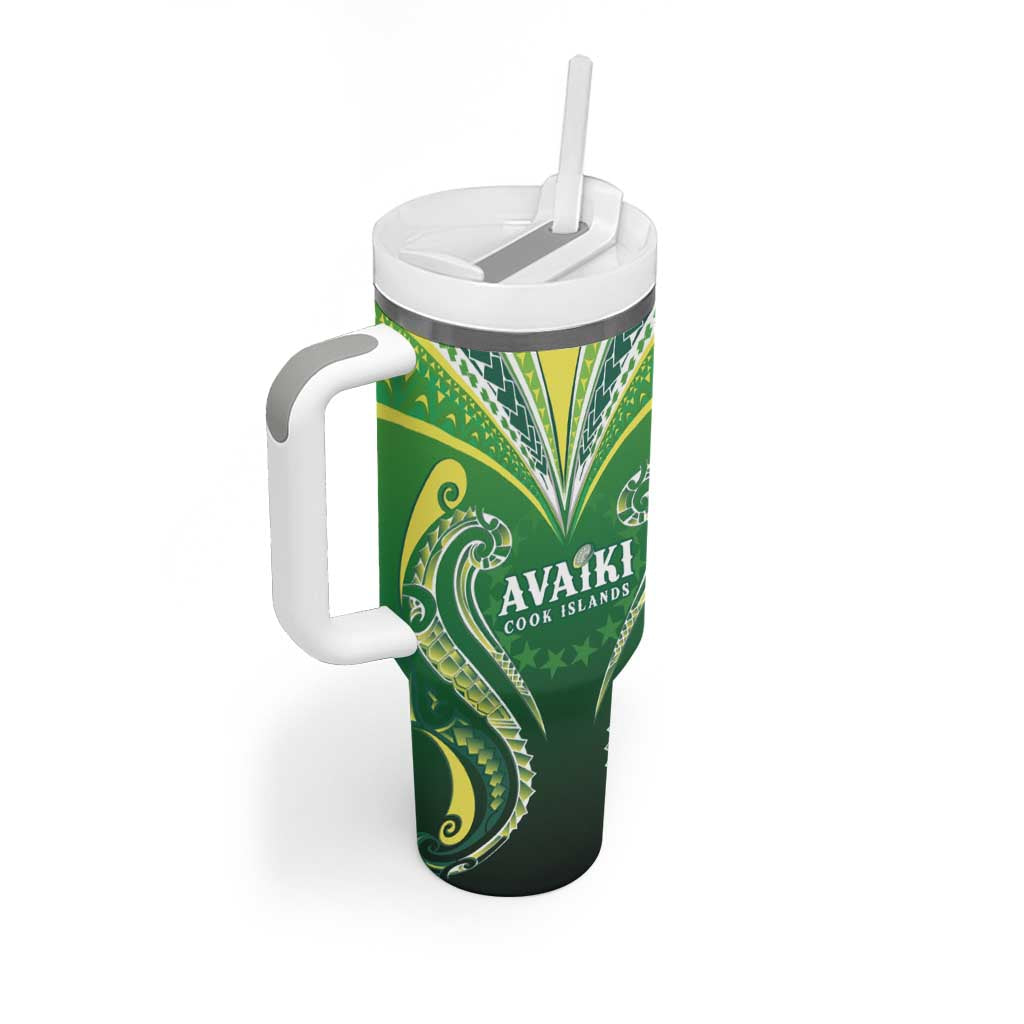 Custom Rugby Cook Islands Avaiki Tumbler With Handle Green Kuki Airani Tribal Maori Inspired LT9 - Polynesian Pride