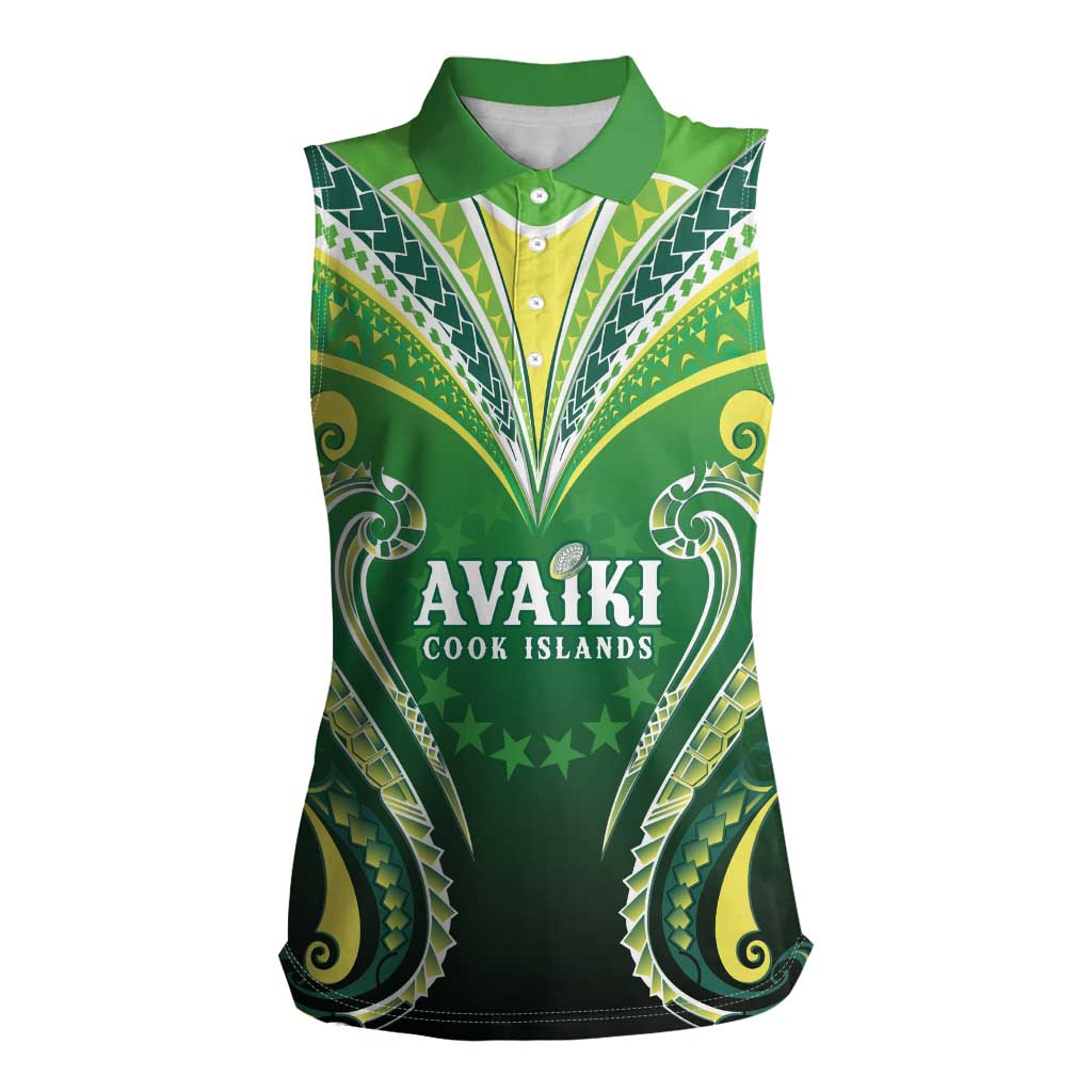 Custom Rugby Cook Islands Avaiki Women Sleeveless Polo Shirt Green Kuki Airani Tribal Maori Inspired LT9 Female Green - Polynesian Pride
