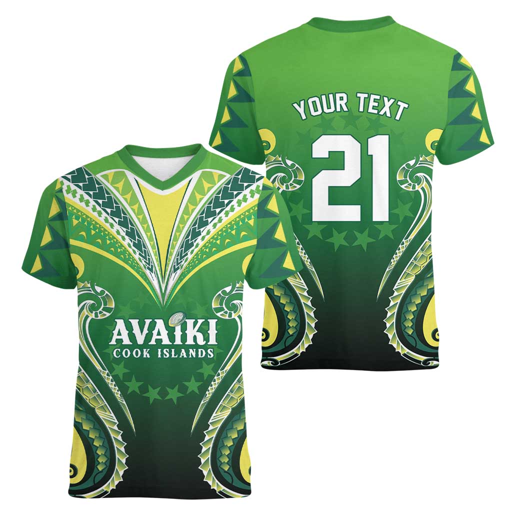 Custom Rugby Cook Islands Avaiki Women V-Neck T-Shirt Green Kuki Airani Tribal Maori Inspired LT9 - Polynesian Pride