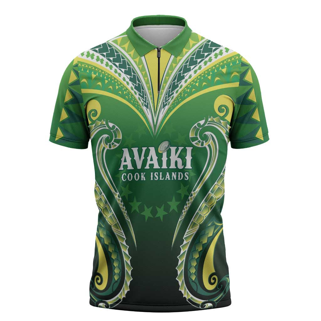 Custom Rugby Cook Islands Avaiki Zipper Polo Shirt Green Kuki Airani Tribal Maori Inspired LT9 Green - Polynesian Pride
