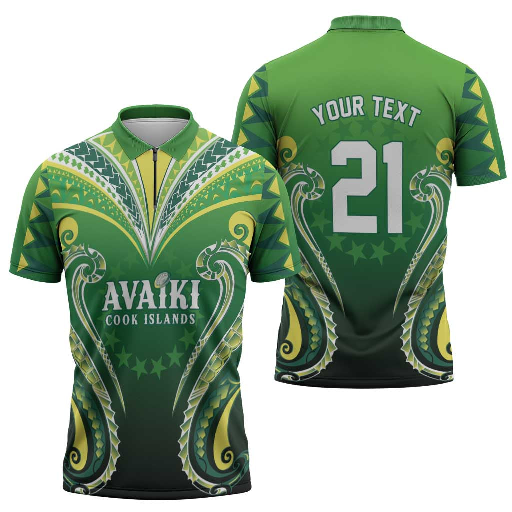 Custom Rugby Cook Islands Avaiki Zipper Polo Shirt Green Kuki Airani Tribal Maori Inspired LT9 - Polynesian Pride