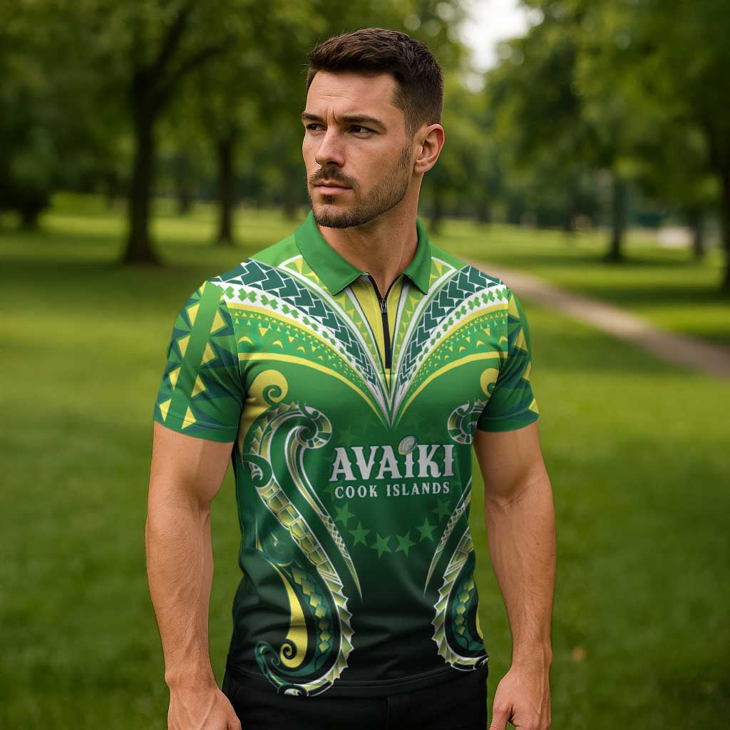 Custom Rugby Cook Islands Avaiki Zipper Polo Shirt Green Kuki Airani Tribal Maori Inspired LT9 - Polynesian Pride