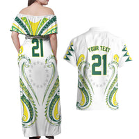 Custom Rugby Cook Islands Avaiki Couples Matching Off Shoulder Maxi Dress and Hawaiian Shirt White Kuki Airani Tribal Maori Inspired LT9 - Polynesian Pride